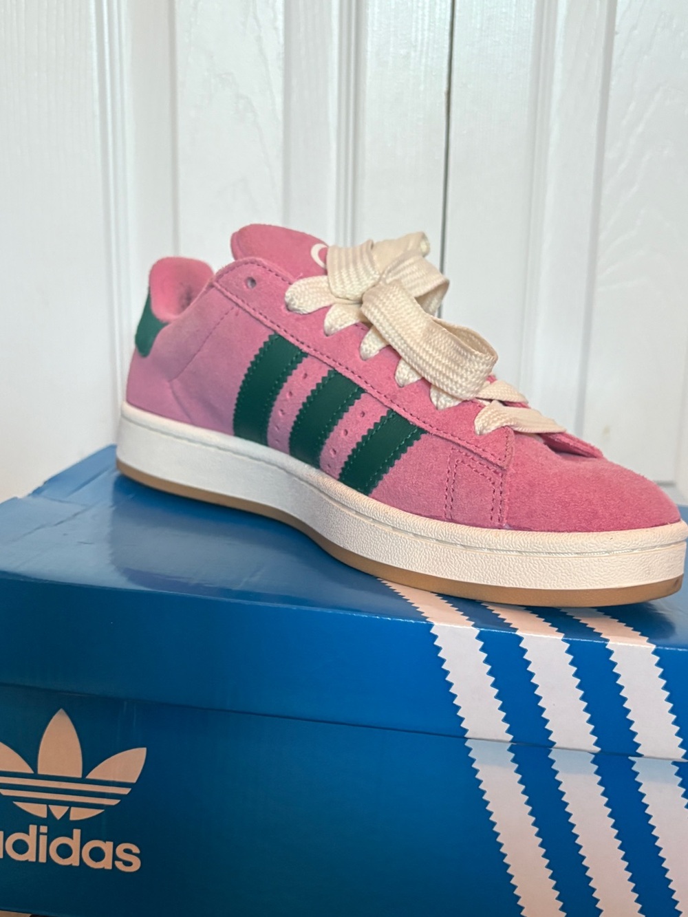 adidas Pink Suede Low-Top Sneakers with Green Three Stripes